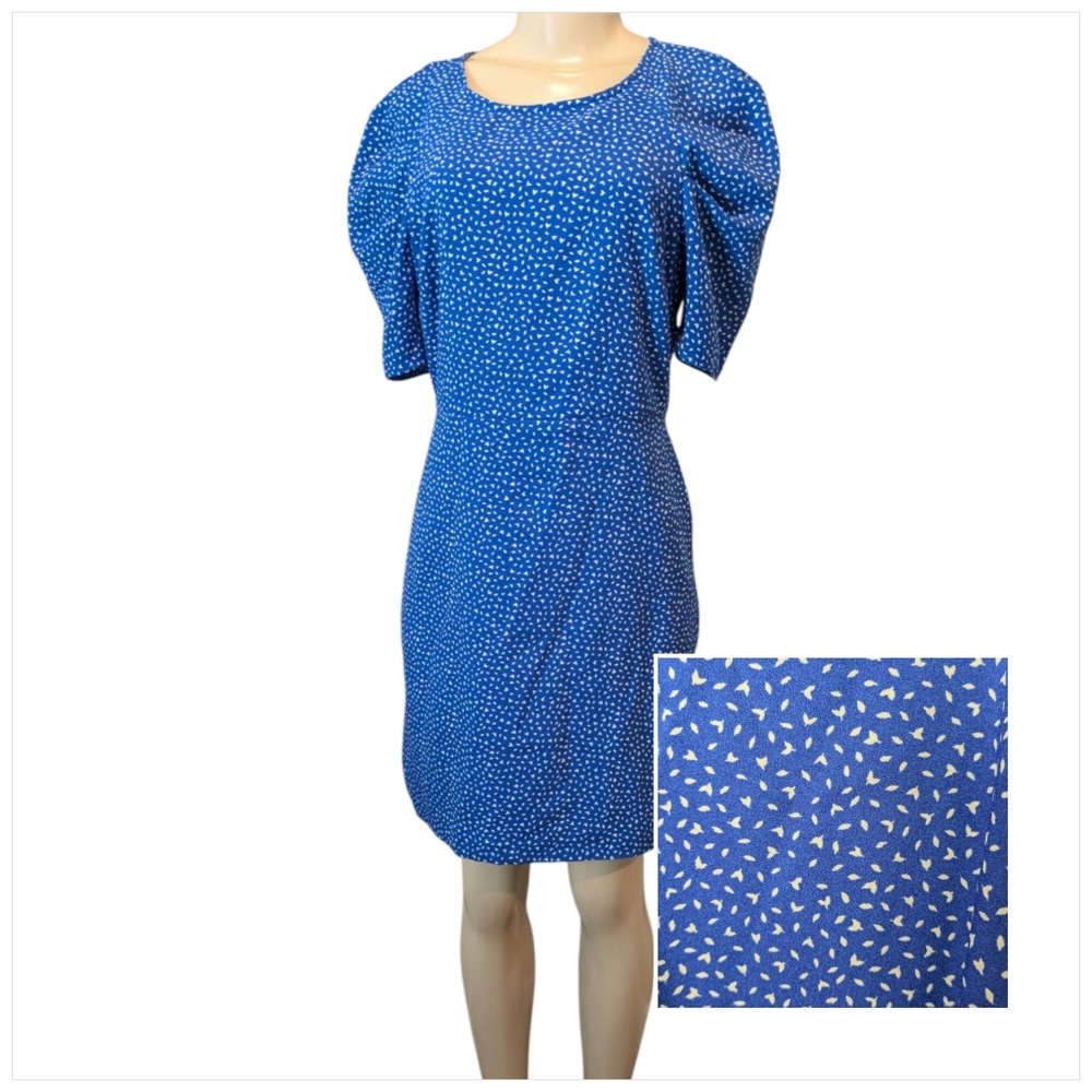 Banana Republic Puff Sleeve Blue White Bird Print Back Zip Shift Dress Women's 6